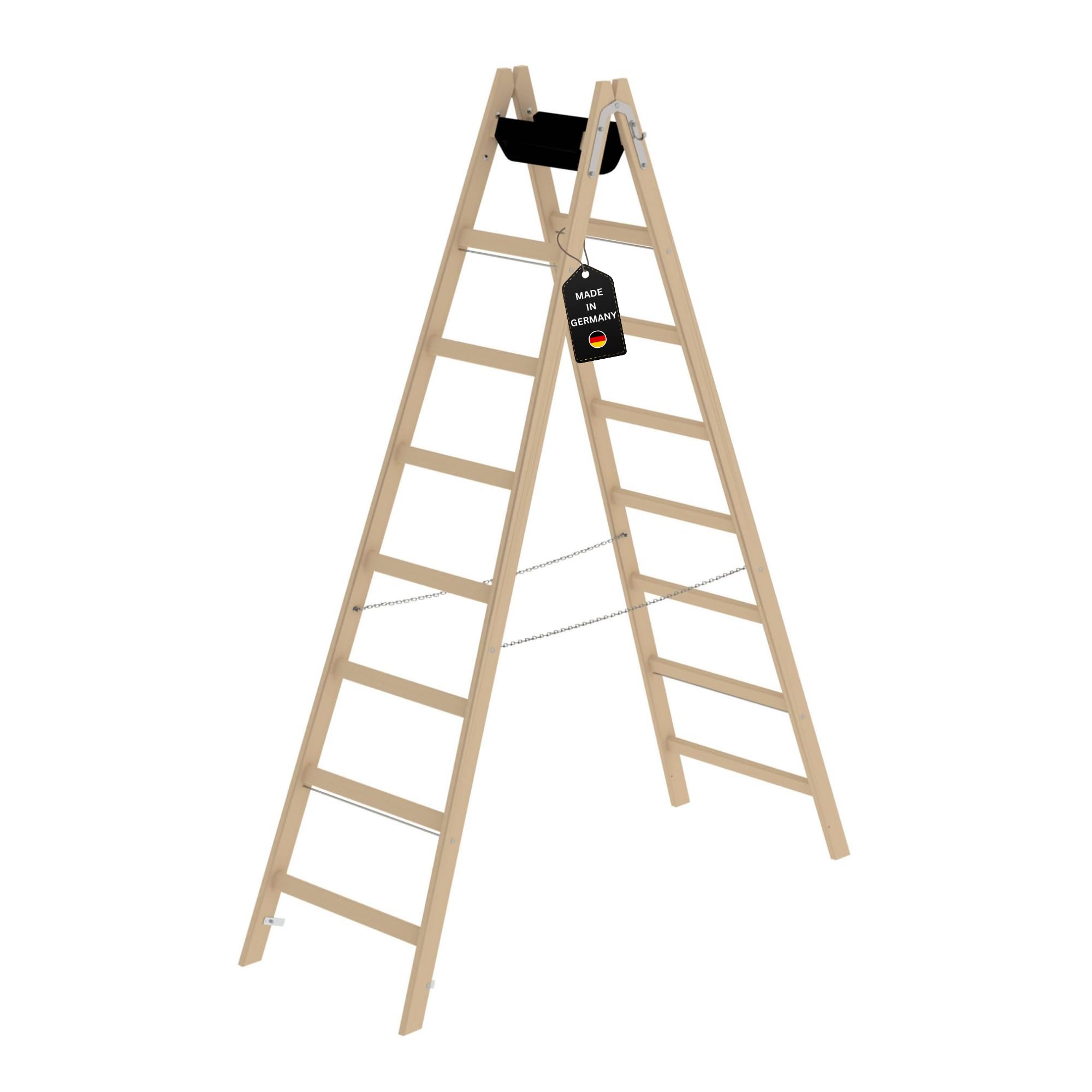 PROREGAL Sprossen-Stehleiter Holz mit Werkzeugablage | 2x8 Sprossen | Leiter, Teleskopleiter, Trittleiter, Bockleiter, Sprossen-Doppelleiter