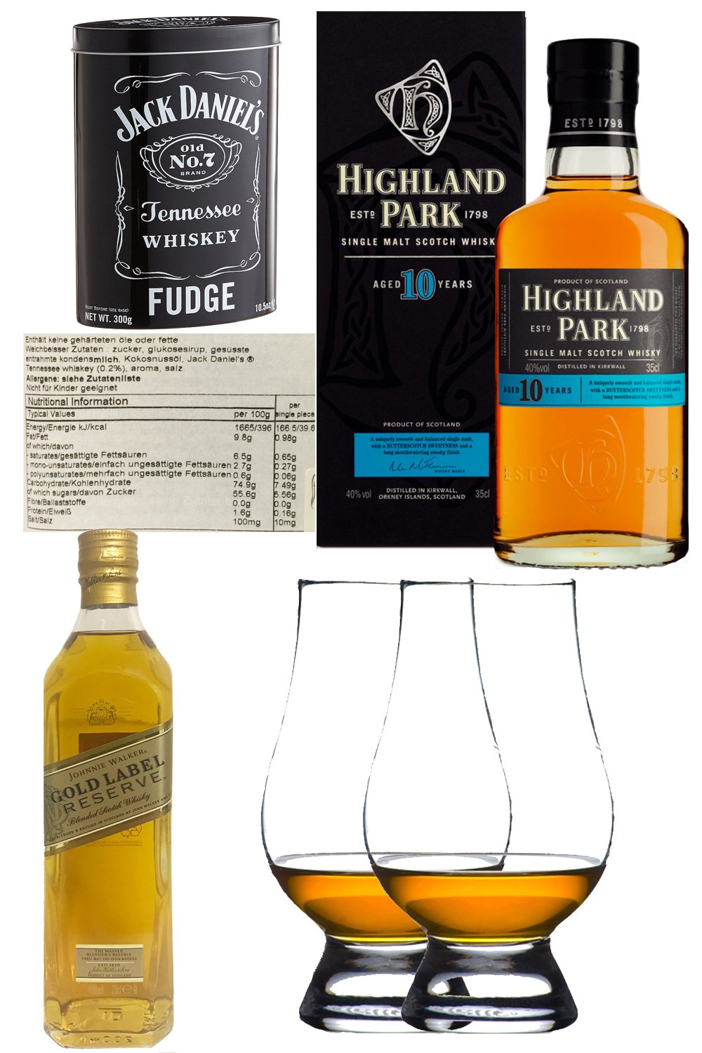 Whisky/Fudge Set 1 x 300g Jack Daniels Malt Whisky Fudge in Blechdose, 1 x Highland Park 10 Jahre Single Malt Whisky Islands 0,35 Liter, 1 x Johnnie Walker Gold Label Reserve 0,2 Liter + 2 Glencairn Gläser