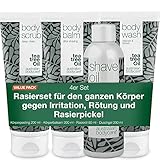 Rasur-Set für den ganzen Körper - Set mit Körperwaschgel, Peeling, Balsam und Rasieröl - Lösung für eine komfortable Rasur - Angereichert mit beruhigendem Teebaumöl - Perfekt für empfindliche Haut