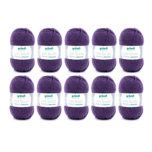Gründl Hot Socks Pearl Uni, Vorteilspack 10 Knäuel à 50 g Sockenwolle, 75% Wolle (Merino Superwash), 20% Polyamid, 5% Kaschmir, aubergine, 40 x 37 x 11 cm