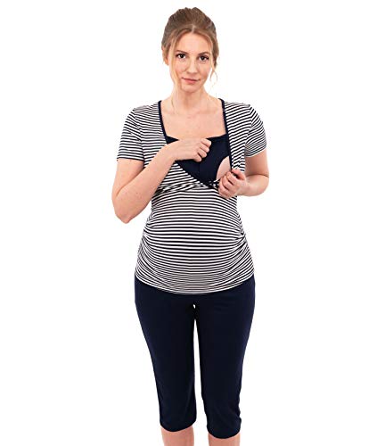 Herzmutter Kurzer Stillpyjama-Umstandspyjama - Nachtwäsche-Pyjama-Set für Schwangerschaft-Stillzeit-Stillfunktion - Schlafanzug mit Spitze-Streifen-Muster - Softes Material - 2600 (XL, Weiß/Blau)