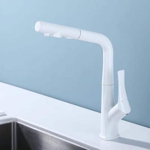 3 Wege Wasserhahn Küche Ausziehbar, 3 Wege Küchenarmatur Weiß 360° Drehbar Messing Mischbatterie Küche-Weiß