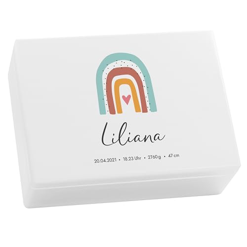 LAUBLUST Erinnerungsbox Baby Personalisiert - Regenbogen Serie - Geschenk zur Geburt | L - ca. 40x30x14cm, Holzkiste Weiß FSC®