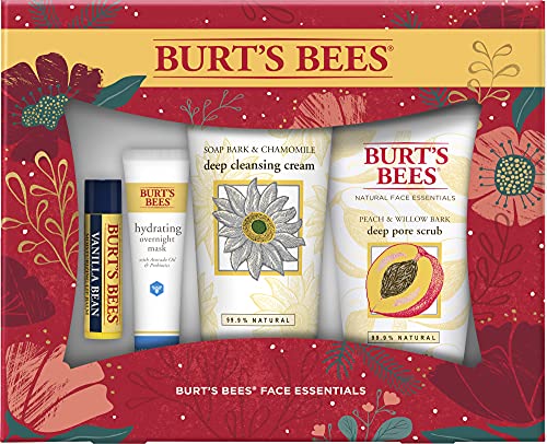 Burt’s Bees Holiday Gift, 4 Face Care Stocking Stuffer Products, Skin Care Essentials Set - Deep Cleansing Cream, Deep Pore Scrub, Hydrating Overnight Mask & Vanilla Bean Lip Balm (New Version)