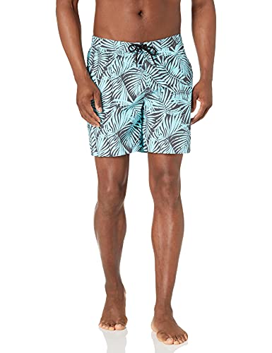 28 Palms 7" Inseam Tropical Hawaiian Print Board Shorts, Grey/Aqua Palm Leaves, 32