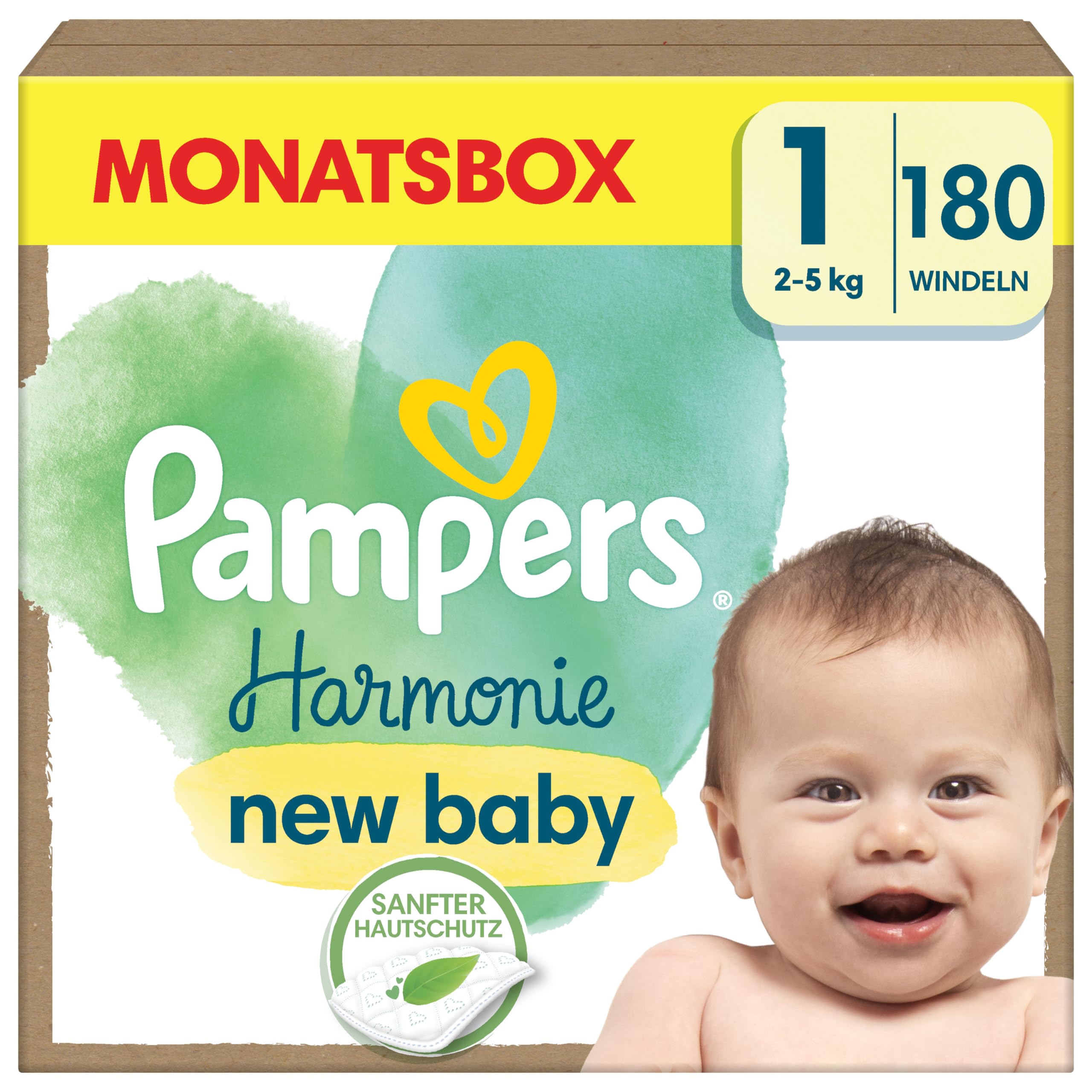 Pampers Baby Windeln Größe 1 (2-5 kg) Harmonie, 0% Kompromiss, Inhaltsstoffe pflanzlichen Ursprungs, hypoallergen, 180 Babywindeln
