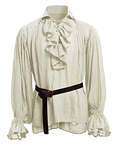 Shaoyao Herren Lange Ärmel Cosplay Gothic Victorian Rüschenhemd Mittelalter Hemd Elegant Langarmshirt Kein Gürtel Beige 4XL