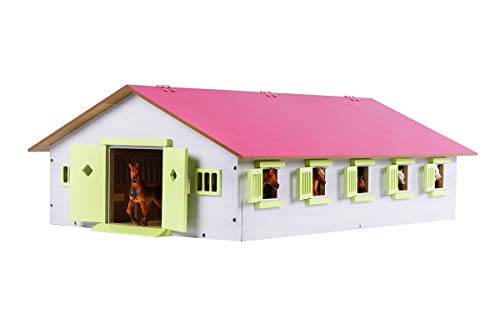 Van Manen Kids Globe Farming Reiterhof, Bauernhof mit 9 Pferdeboxen, Pferdehof aus Holz, mit Faltdach, 610188, rosa