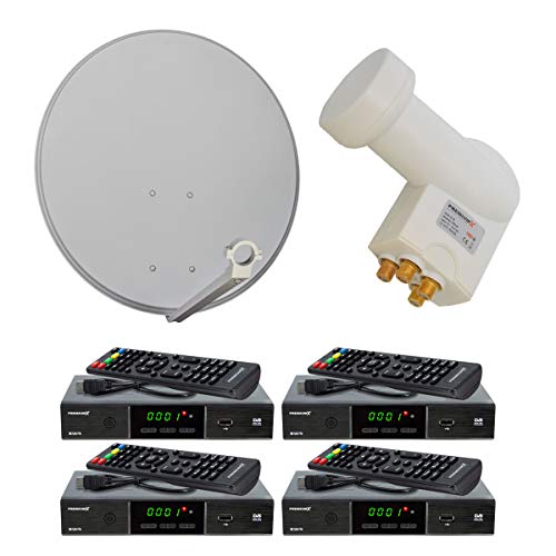 PremiumX Digitale 4 Teilnehmer SAT Anlage Schüssel 80cm Antenne Hellgrau Quad LNB 4X Satelliten Receiver DVB-S2 HDTV