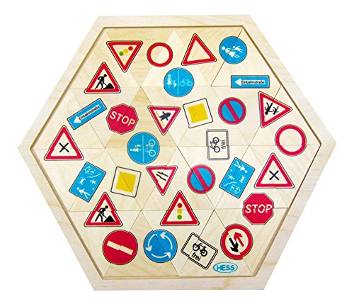 Hess Holzspielzeug 14953 - Mosaik-Legespiel aus Holz in sechseckiger Form mit 24 Teilen, Verkehrszeichen, für Kinder ab 3 Jahren, handgefertigt, als Geschenk zum Geburtstag, Weihnachten oder Ostern