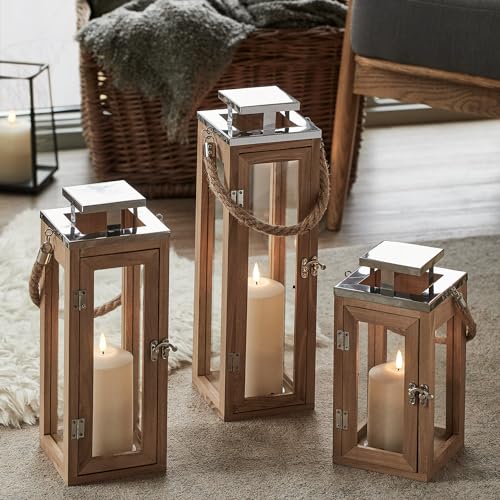 Lights4fun 3er Set Salcombe Laternen Holz mit TruGlow® LED Kerze mit Timer Laternen aus Holz