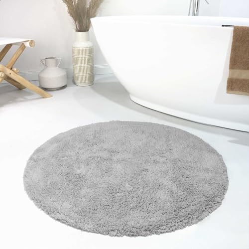 wecon home Moderner Flauschiger und waschbarer Badezimmerteppich aus Baumwolle - Ole (90 cm rund, hellgrau)