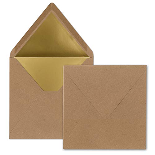 100 quadratische Brief-Umschläge - 15,5 x 15,5 cm, Kraftpapier mit Naturfasern (Braun) - mit Gold-Papier gefüttert - Nassklebung - Vintage-Look