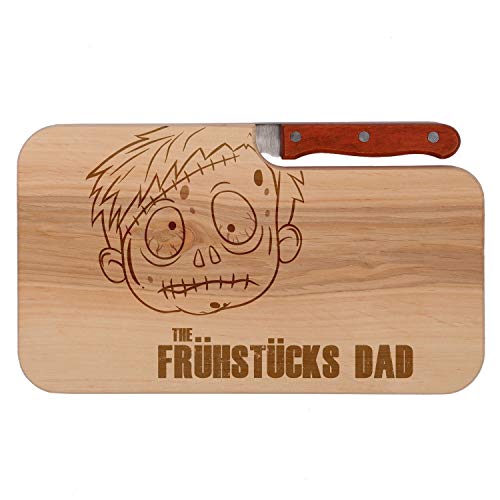 FORYOU24 Brotzeitbrett mit Messer und Gravur Motiv 10 - graviert mit -The Frühstücks Dad- Schneidebrett aus Holz Geschenkidee zum Vatertag oder Geburtstag 26x15cm