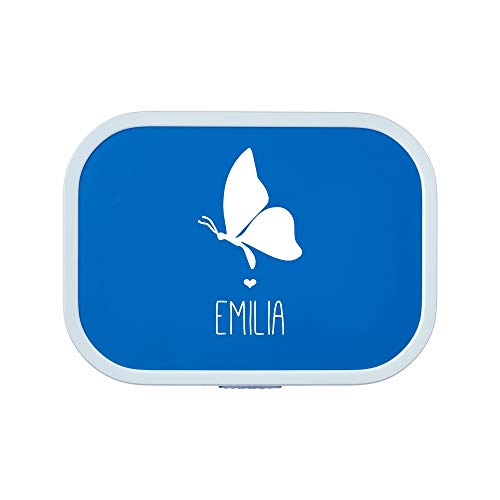 4you Design Personalisierte Blaue Brotdose -Schmetterling Silhouette- mit Namen inkl. Box-Einsatz & Gabel, Bento-Box für Schule & Kindergarten, Geschenk (Blau)