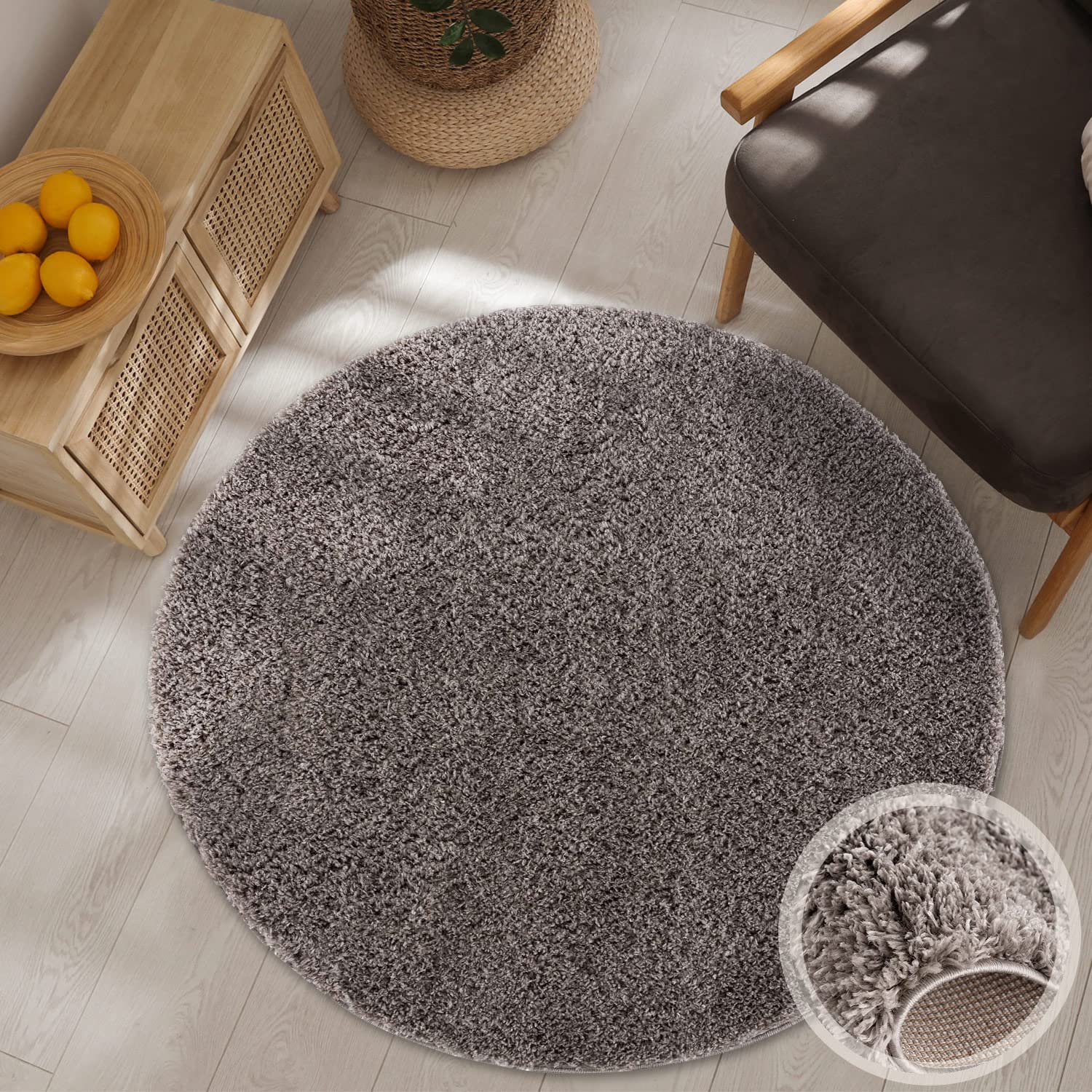 carpet city Teppich Wohnzimmer - Shaggy Hochflor Grau - 120x120 cm Rund Einfarbig - Moderne Teppiche