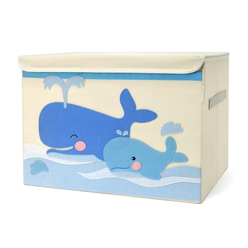LUCKY SIGN - Aufbewahrungsbox Kinder Spielzeugkiste mit Deckel Wasserdicht und Waschbare Aufbewahrungskorb mit 2 Griffen Faltbare Spielzeug Box Organisator für Kinderzimmer , 51x36x36cm - Wal