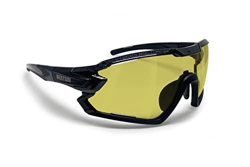 BERTONI Fahrradbrille Sport Sonnenbrille Radbrille MTB mit Sehstärke für Brillenträger mod. QUASAR (Schwartz/Selbsttönende Polarisierte Gelb)