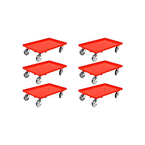SparSet 6X Transportroller für Euroboxen 60x40cm mit Gummiräder rot | Geschlossenes Deck | 2 Lenkrollen & 2 Bremsrollen | Traglast 300kg | Kistenroller Logistikroller Rollwagen Profi-Fahrgestell