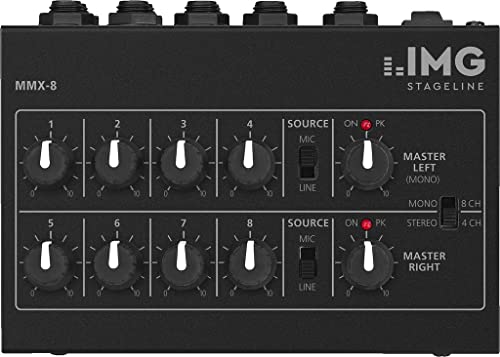 MONACOR MMX-8 Miniatur Audio-Mischer in Schwarz, Universal Mikrofon-Mischpult mit Klinken-Anschluss