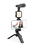 DIGIPOWER 4-teiliges Vlogging Set mit LED-Videolicht, universellem Mikrofon, Handgriff/Mini-Stativ kompatibel mit Smartphones und DSLR-Kameras