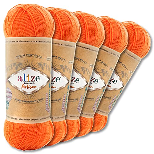 Wohnkult Alize 5 x 100 g Superwash Artisan Sockenwolle Premium 16 Auswahl Kontrast Häkeln Stricken (336 | Orange)