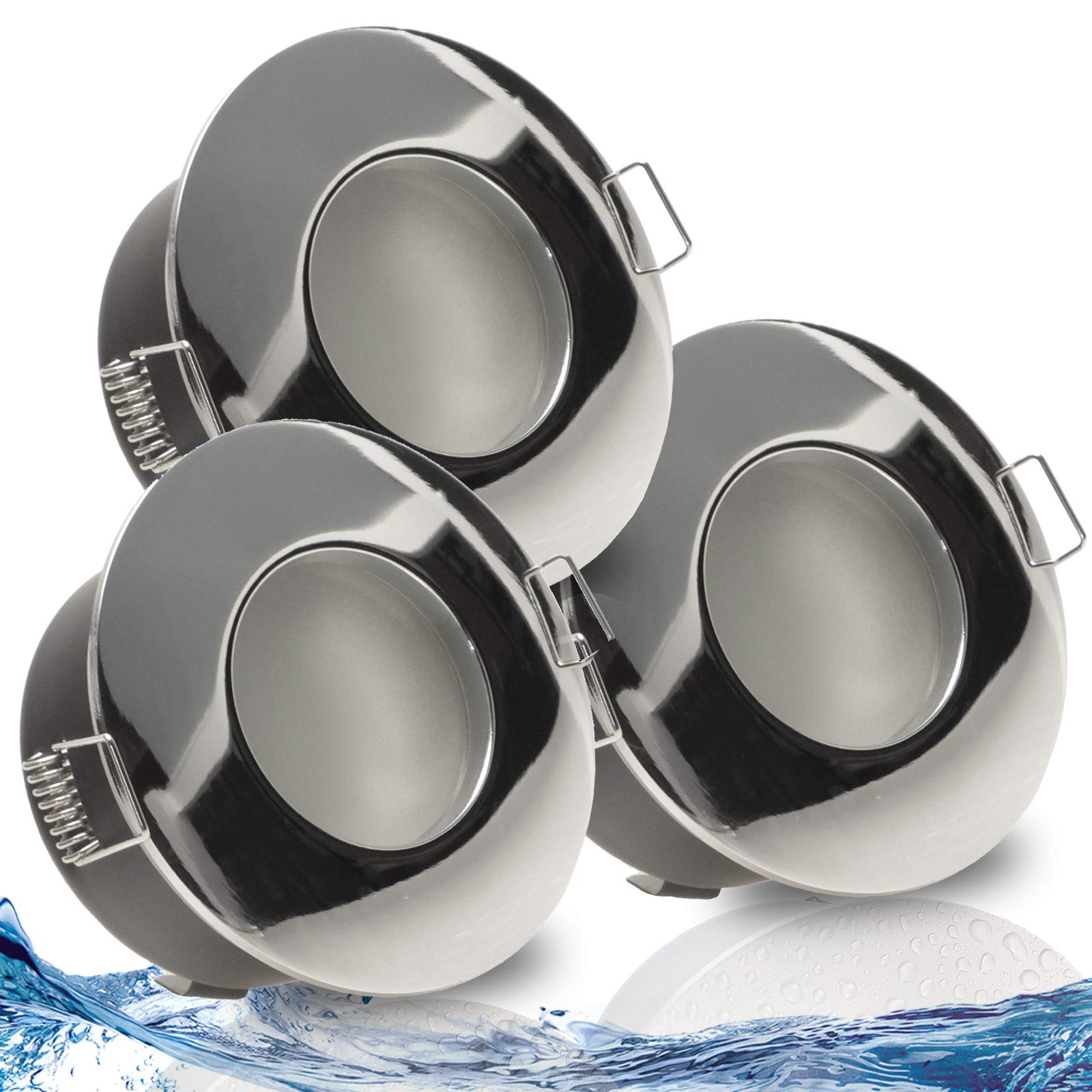 trendlights24 Nautic Decken Einbaustrahler rund IP65-3er Set ultra flach 50 mm LED Spots 5W 230V Neutralweiß - Chrom glänzend Bad Feuchtraum