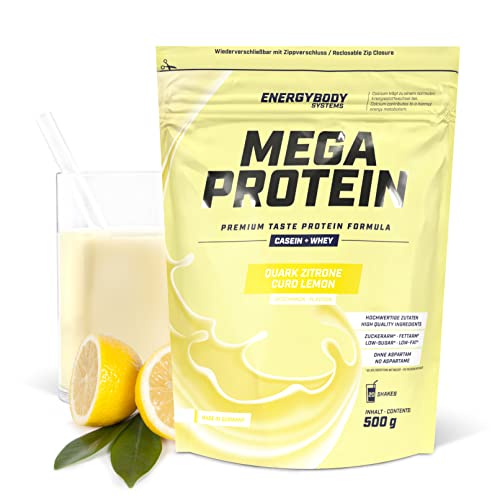 Energybody Mega Protein "Quark-Zitrone" 500 g / Mehrkomponenten Protein Pulver mit Casein Whey Mix als Eiweiss Protein Pulver / Eiweiß Shake ohne Aspartam/ Eiweißpulver / 20 Portionen