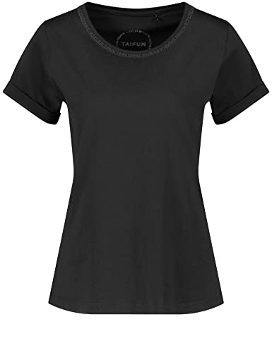 Taifun Damen Basic T-Shirt Kurzarm, mit Ärmelaufschlag T-Shirt Kurzarm Rundhals T-Shirt unifarben Schwarz 38