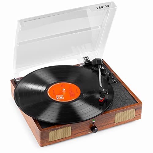 Fenton RP106W Vinyl Plattenspieler mit integrierten Lautsprechern, Retro Schallplattenspieler mit automatische Stoppfunktion, Staubschutzhaube, MP3-Konverter Vinyl Player, Holzbraun