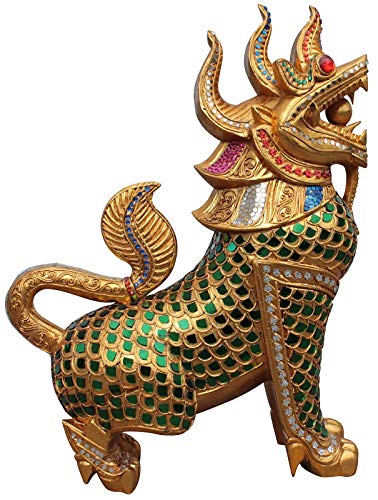 bick.shop Tempellöwe Holz Gold handgefertigte Rarität Thai Kunst Skulptur Wächterlöwe Buddha Beschützer