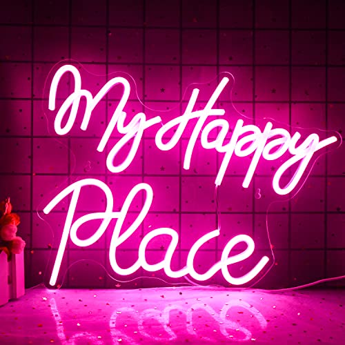 My Happy Place neon schild, Neonlicht mit rosa Wörtern für Schlafzimmer, Barschilder, Acryl USB-betrieben, geeignet für Wohnzimmer, größere Party-Leuchtreklame zum Geburtstag, Junggesellenabschied