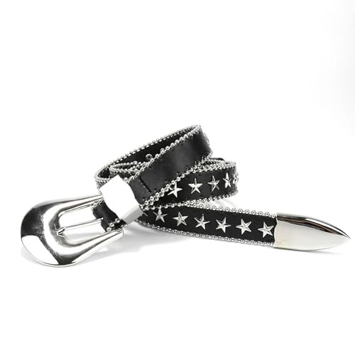1 x Punk-Nieten-PU-Gürtel mit Sternen, Nieten, quadratische Schnalle, Taille, Retro, lässig, modisch, cooler Gürtel für Männer und Frauen, D-107 cm