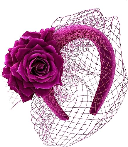 Vintage elegante Fascinators Stirnband Tea Party Hüte for Frauen königliche Hochzeit Schleier Blume Fascinators Haarschmuck Hochzeiten Haarband Mode-Stirnbänder (Color : Daker fuschia)