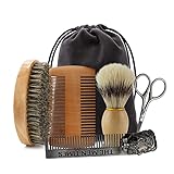 6-teiliges Bartkamm-Bürsten-Set für Herren, natürliche Wildschweinborstenbürste und Dual-Action-Holzkamm, ideal mit Samt-Reisetasche für Gesichtsreinigung, Schnurrbart, Werkzeuge, Geschenkbeutel