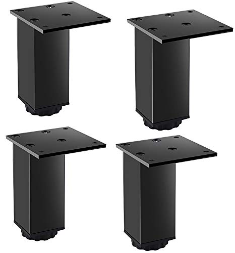 4 Stück Möbelfüße aus Metall, verstellbare Edelstahl-Füße, quadratisch, schwarz, 80 x 70 mm, mit Schrauben