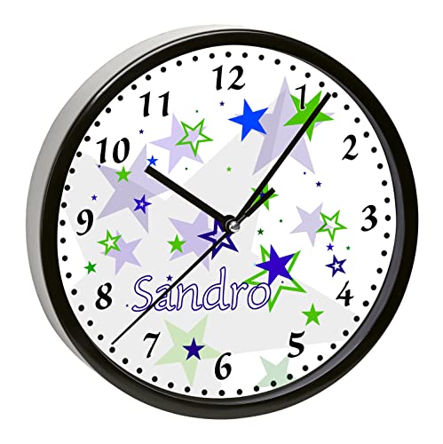 CreaDesign, WU-31-1030-21 Sterne Blau Grün Wanduhr für Kinderzimmer, lautloses Uhrwerk ohne Ticken, personalisierbar mit Namen, Rahmen schwarz, Durchmesser 19,5 cm