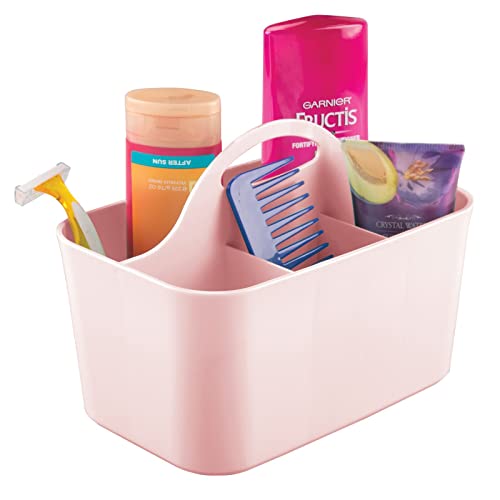 mDesign Plastic Portable Storage Organizer Caddy Tote - Divided Basket Bin, Handle for Bathroom, Dorm Room - Holds Hand Soap, Body Wash, Shampoo, Conditioner, Lotion - Small - Light Pink/Blush