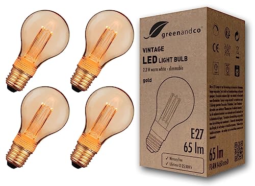 GreenAndCo 4x dimmbare Vintage Design LED Lampe E27 A60 2,3W 65lm 1800K gold extra warmweiß 320° 230V flimmerfrei Edison Glühbirne zur Stimmungsbeleuchtung, 2 Jahre Garantie