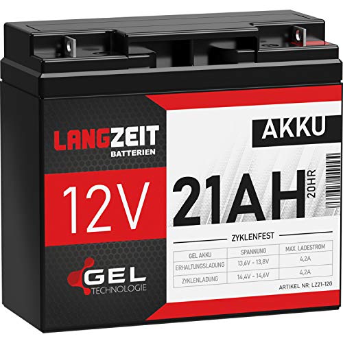 LANGZEIT Akku 12V 21Ah Gel Blei-Akku ersetzt 18Ah 19Ah 20Ah Profi USV Batterie extrem zyklenfest vorgeladen auslaufsicher LC-RD1217P LC-X1220P