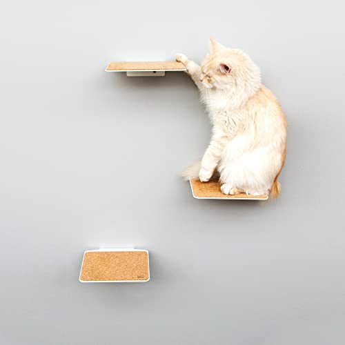 LucyBalu Katzentreppe Steps XL 3er Set I Individuelle Kletterwand für Katzen bis 10 kg I Kletterstufen für die Wand im Innenbereich (XL Weiß mit Kork)