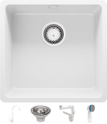 Spülbecken Weiß 46x44 cm, Granitspüle 1 Becken + Ablauf-Set + Küchenarmatur, Küchenspüle ab 50er Unterschrank, Einbauspüle von Primagran
