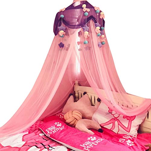 SHIKUN Rosa Baldachin-runde Kuppel Verträumtes Moskitonetz für Kinder mit Plüschornamenten Kinderzelt für Mädchen, Kinderbett, Mädchenbett, Mädchenzimmer, Lila