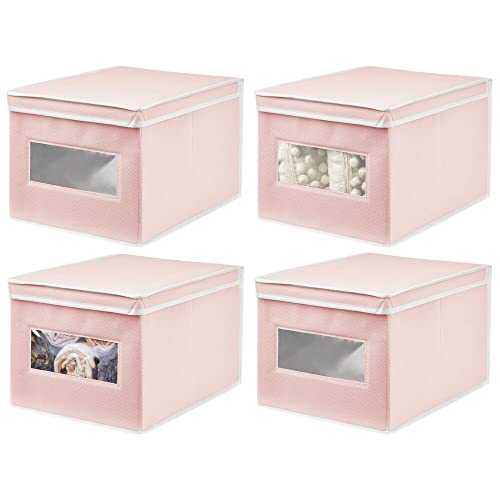 mDesign 4er-Set Stoffbox – praktische Aufbewahrungsbox mit Deckel für Schlaf-, Wohn- oder Badezimmer – stapelbare Schrankbox aus atmungsaktiver Kunstfaser – rosa/weiß