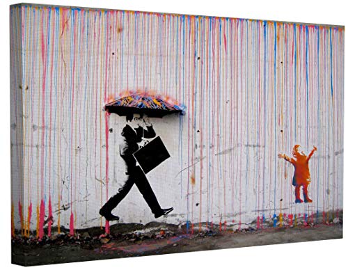 Banksy Bilder Leinwand Kid Playing in Colorful Rain Graffiti Street Art Leinwandbild Fertig Auf Keilrahmen Kunstdrucke Wohnzimmer Wanddekoration Deko XXL (30x40cm(11.8x15.7inch))