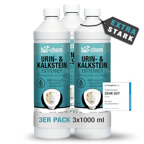 bio-chem Urinstein-Löser Gel Sparpack 3x 1000 ml Konzentrat inkl. Schrägdüse, Urinstein-Entferner extra stark, Kalk-Entferner/Kalk-Löser, WC-Reiniger, Abfluss-Reiniger