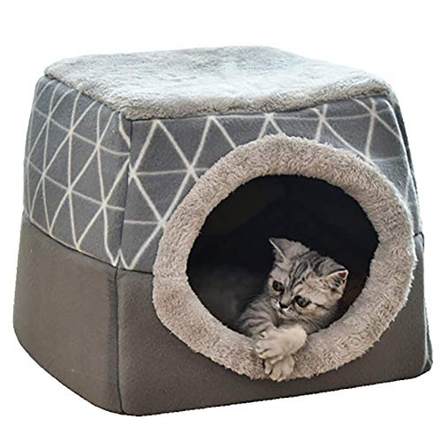 ANQI Haustierbett, Katzen- und Hundebett, Höhle, 5,1 cm, zusammenklappbar, für Katzen, ultraweiches Bett, bequemes Bett für Katzen, grau, Größe L 38 x 38 x 34 cm