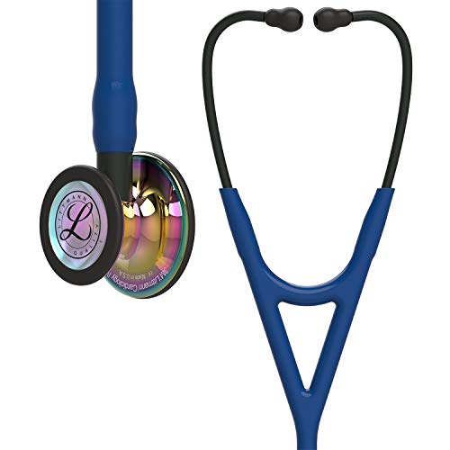 3M Littmann Cardiology IV Stethoskop für die Diagnose, hochglänzendes, regenbogenfarbenes Bruststück, marineblauer Schlauch, Schlauchanschluss und Ohrbügel in Schwarz, 69 cm, 6242