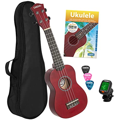 CASCHA Sopran Ukulele Set für Kinder und Erwachsene I Starter Kit mit 3 Plektren Tasche Lehrbuch Lernvideos über QR-Code Stimmgerät I Aquila Saiten Nylon I Kleine Hawaii Gitarre I Rot