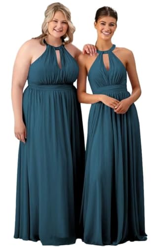 Damen Neckholder Brautjungfer Kleid Lang Plissee Chiffon Formale Party Kleider mit Taschen, blaugrün, 40